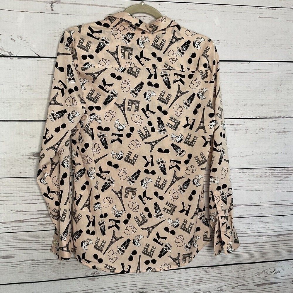 Karl Lagerfeld Cat Paris Eiffel Tower Print Button Up Shirts Blouse Women Size M - Picture 7 of 11
